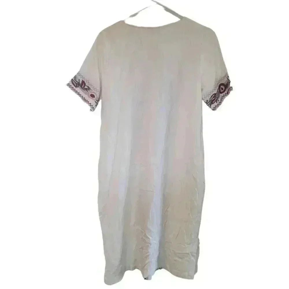 Orange Creek Women's White Rayon/Linen w Colorful Floral Embroidered Tunic Dress - Picture 9 of 13
